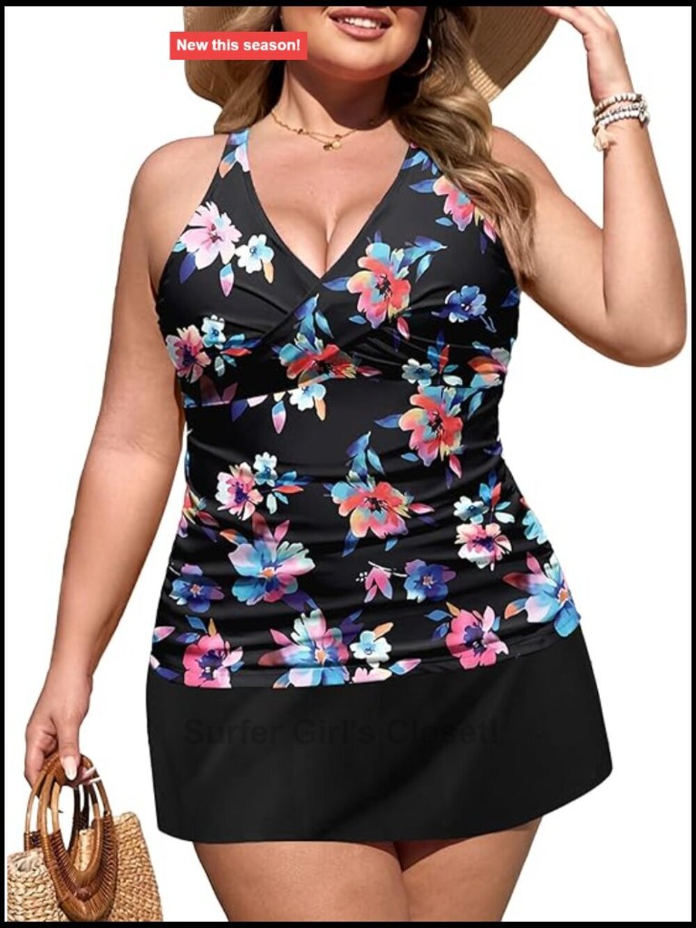 Plus Size Two Piece Tankini with Skirt Tummy Control Swimwear V-Neck
